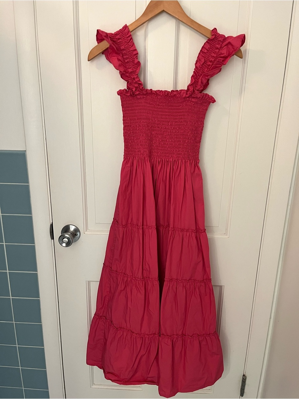 Quince 100% Organic Cotton Poplin Smocked Midi Dress, Lipstick Pink, XS